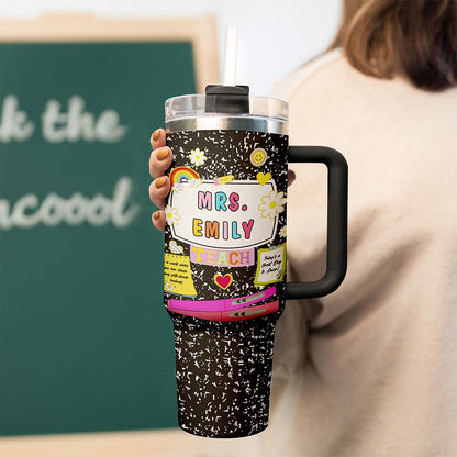 Personalized Name Composition Notebook Teacher's Tumbler, Stainless Steel 40oz Travel Mug with Handle, Back to School/Appreciation Gift for Teachers