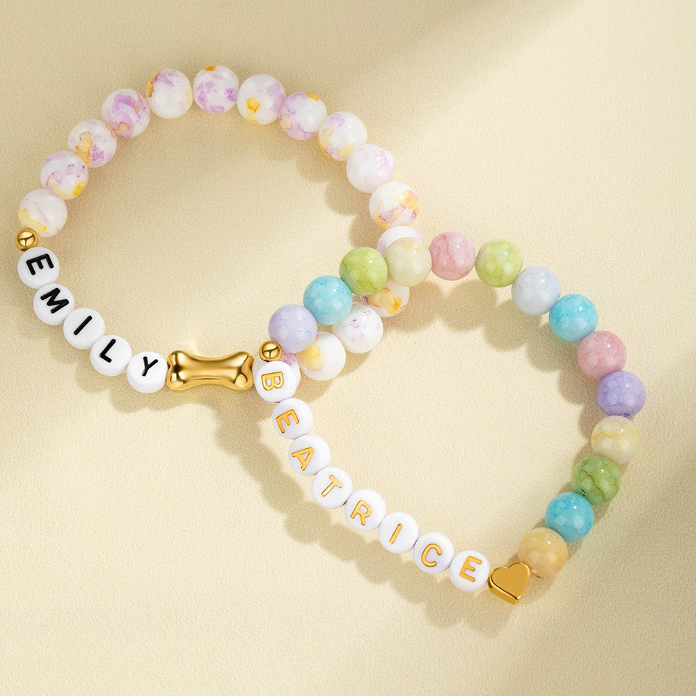 Personalized Name Beaded Pet Bracelet, Colorful Dog Name Stretchy Bracelet with Gold Bone/Heart, Pet Loss Jewelry, Memorial Gift for Pet Mom/Dad