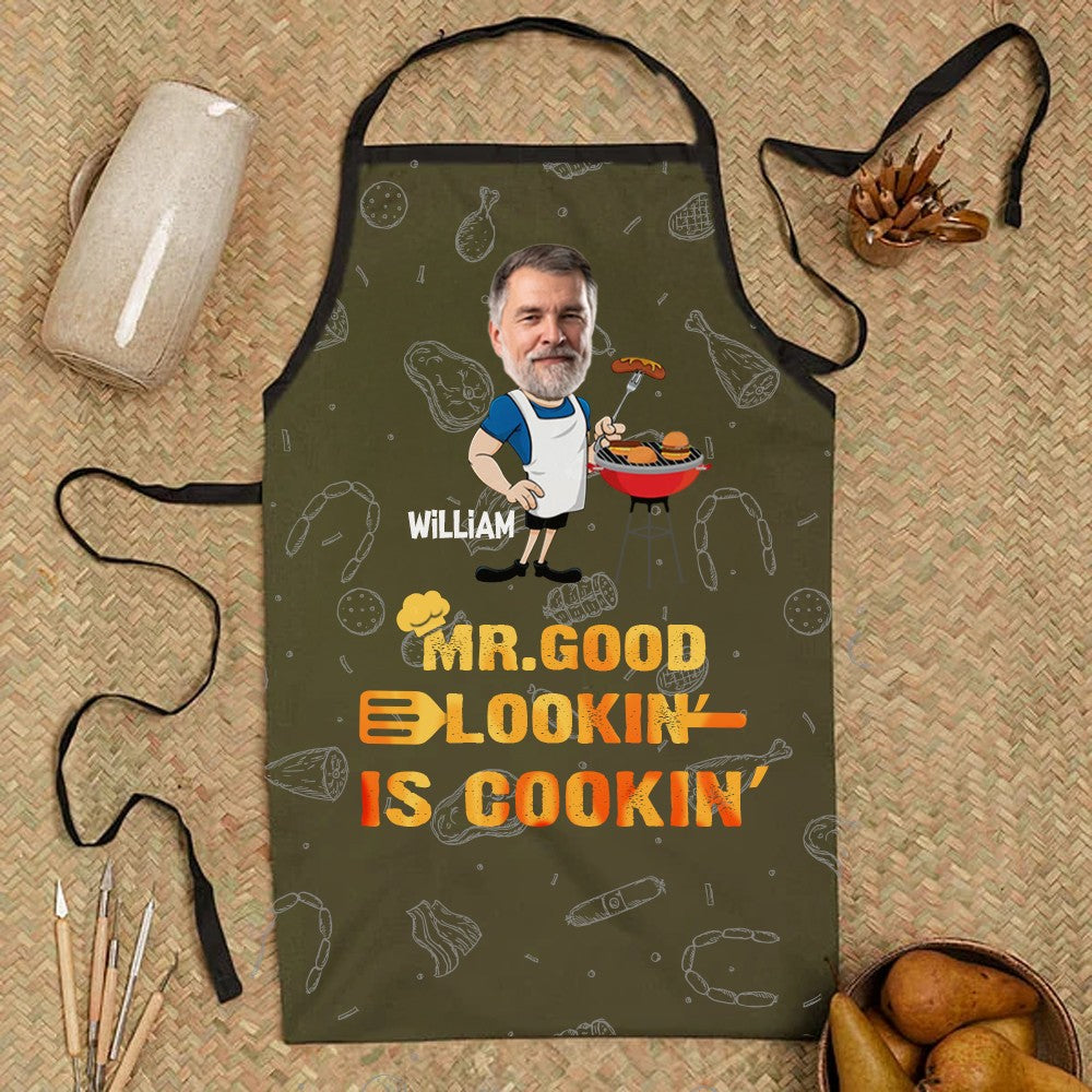 Personalized Face Photo Cartoon Design BBQ Apron, Custom Funny Men's Apron, Barbecue Party Favor, Father's Day Gift for Dad/Grandpa/Grill Lovers