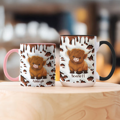 Personalized Highland Cow Mug with Name, 11oz/15oz Two Tone Ceramic Coffee Tea Mug with Coaster, Birthday/Christmas Gift for Highland Cow Lovers