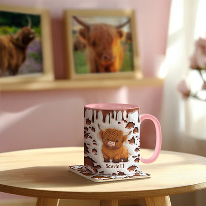 Personalized Highland Cow Mug with Name, 11oz/15oz Two Tone Ceramic Coffee Tea Mug with Coaster, Birthday/Christmas Gift for Highland Cow Lovers