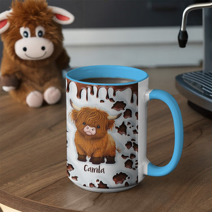 Personalized Highland Cow Mug with Name, 11oz/15oz Two Tone Ceramic Coffee Tea Mug with Coaster, Birthday/Christmas Gift for Highland Cow Lovers