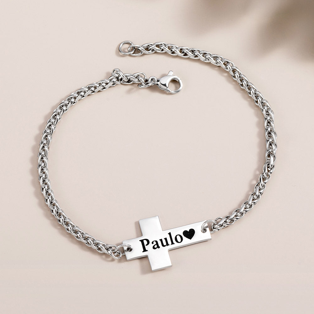 Personalized Cross Bracelet with Engraved Name, Unisex Stainless Steel Bracelet, Religious Jewelry, Birthday/Baptism/Christmas Gift for Him or Her