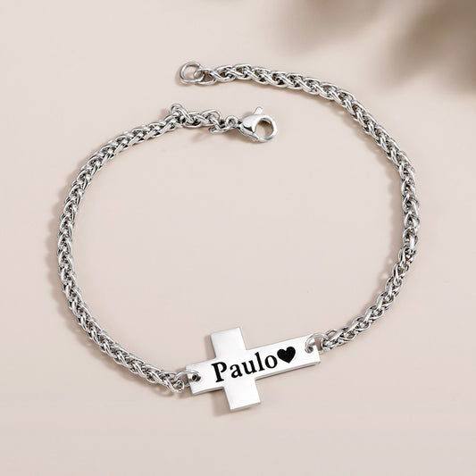 Personalized Cross Bracelet with Engraved Name, Unisex Stainless Steel Bracelet, Religious Jewelry, Birthday/Baptism/Christmas Gift for Him or Her