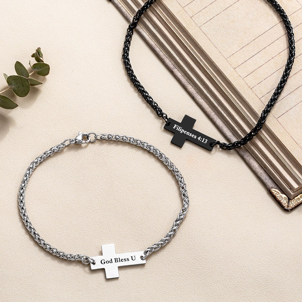 Personalized Cross Bracelet with Engraved Name, Unisex Stainless Steel Bracelet, Religious Jewelry, Birthday/Baptism/Christmas Gift for Him or Her