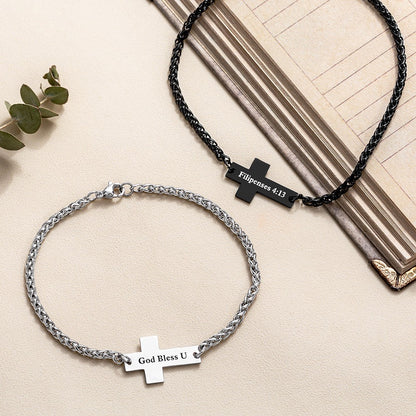 Personalized Cross Bracelet with Engraved Name, Unisex Stainless Steel Bracelet, Religious Jewelry, Birthday/Baptism/Christmas Gift for Him or Her