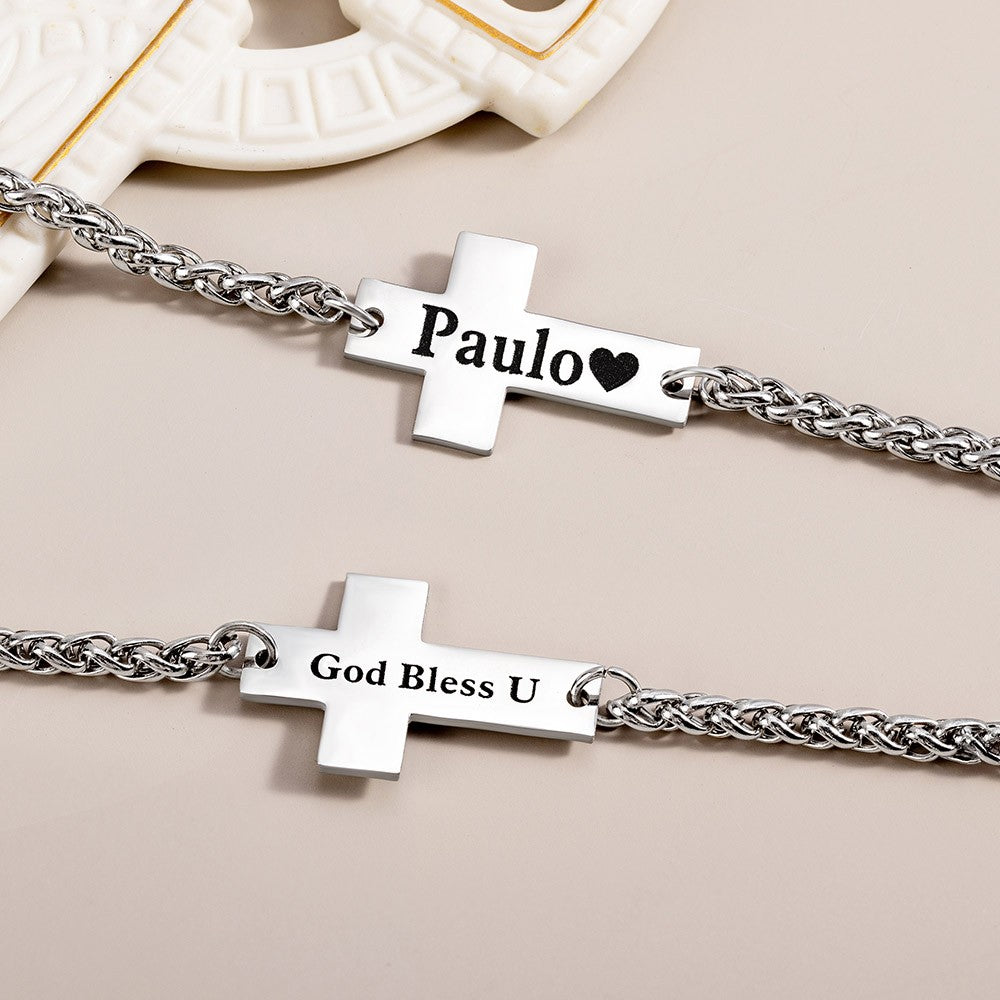 Personalized Cross Bracelet with Engraved Name, Unisex Stainless Steel Bracelet, Religious Jewelry, Birthday/Baptism/Christmas Gift for Him or Her