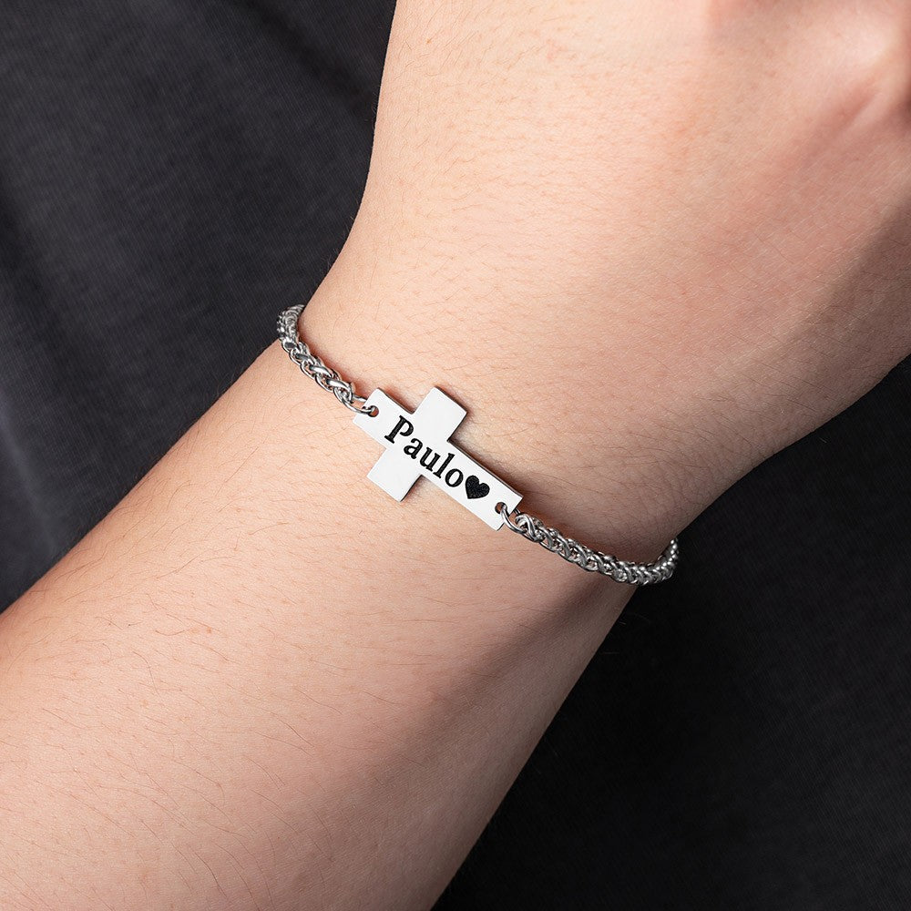 Personalized Cross Bracelet with Engraved Name, Unisex Stainless Steel Bracelet, Religious Jewelry, Birthday/Baptism/Christmas Gift for Him or Her