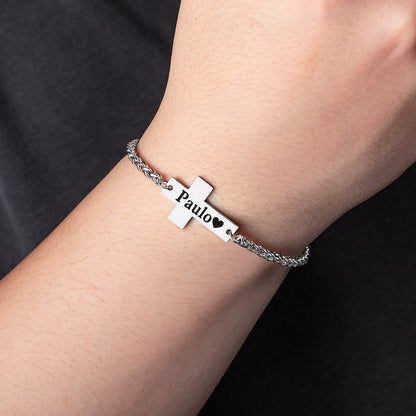 Personalized Cross Bracelet with Engraved Name, Unisex Stainless Steel Bracelet, Religious Jewelry, Birthday/Baptism/Christmas Gift for Him or Her
