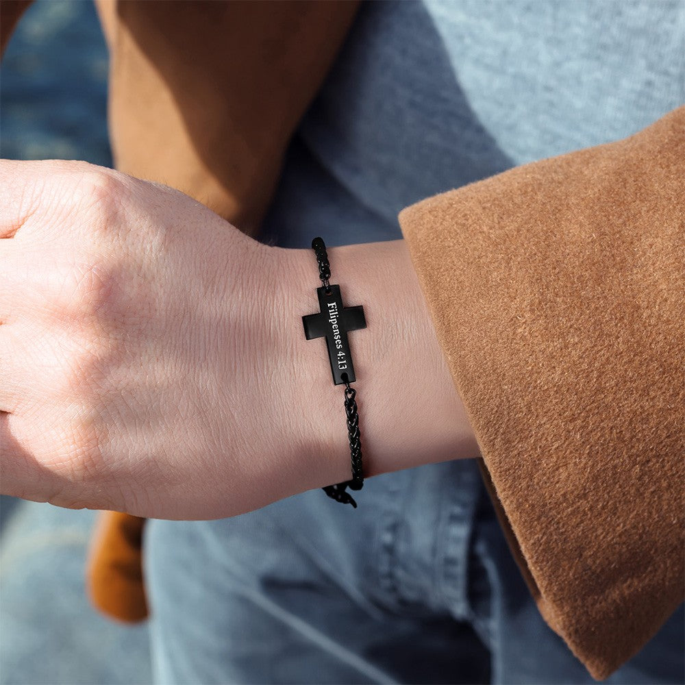 Personalized Cross Bracelet with Engraved Name, Unisex Stainless Steel Bracelet, Religious Jewelry, Birthday/Baptism/Christmas Gift for Him or Her