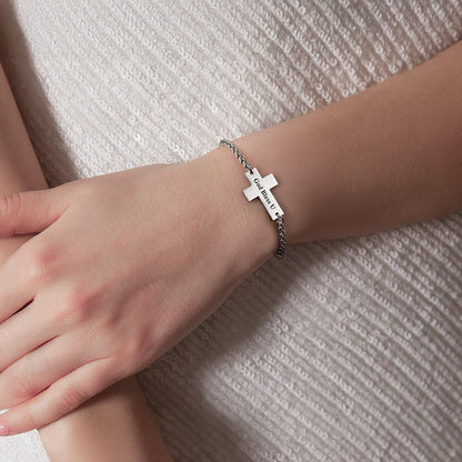 Personalized Cross Bracelet with Engraved Name, Unisex Stainless Steel Bracelet, Religious Jewelry, Birthday/Baptism/Christmas Gift for Him or Her
