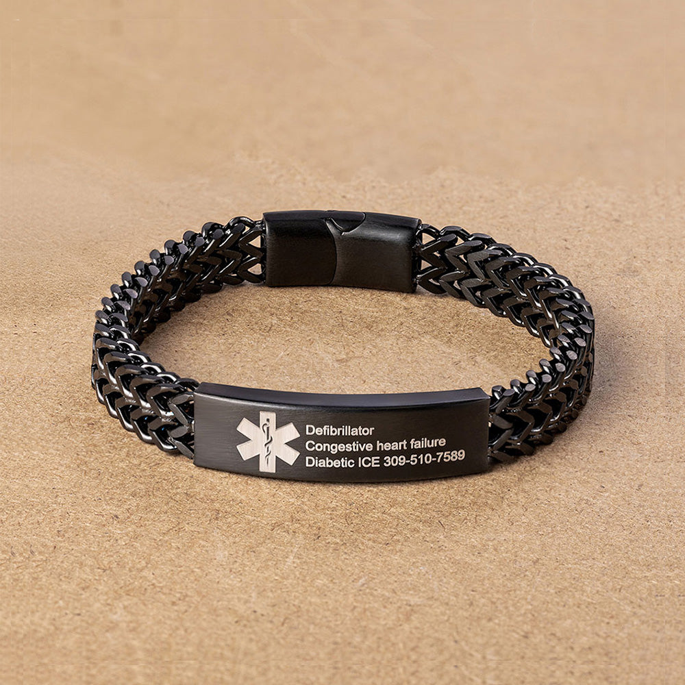 Personalized Engraved Medical Alert ID Bracelet, Stainless Steel Men's ID Tag Bracelet for Epilepsy/Diabetes/Allergy, Gift for Him/Dad/Family