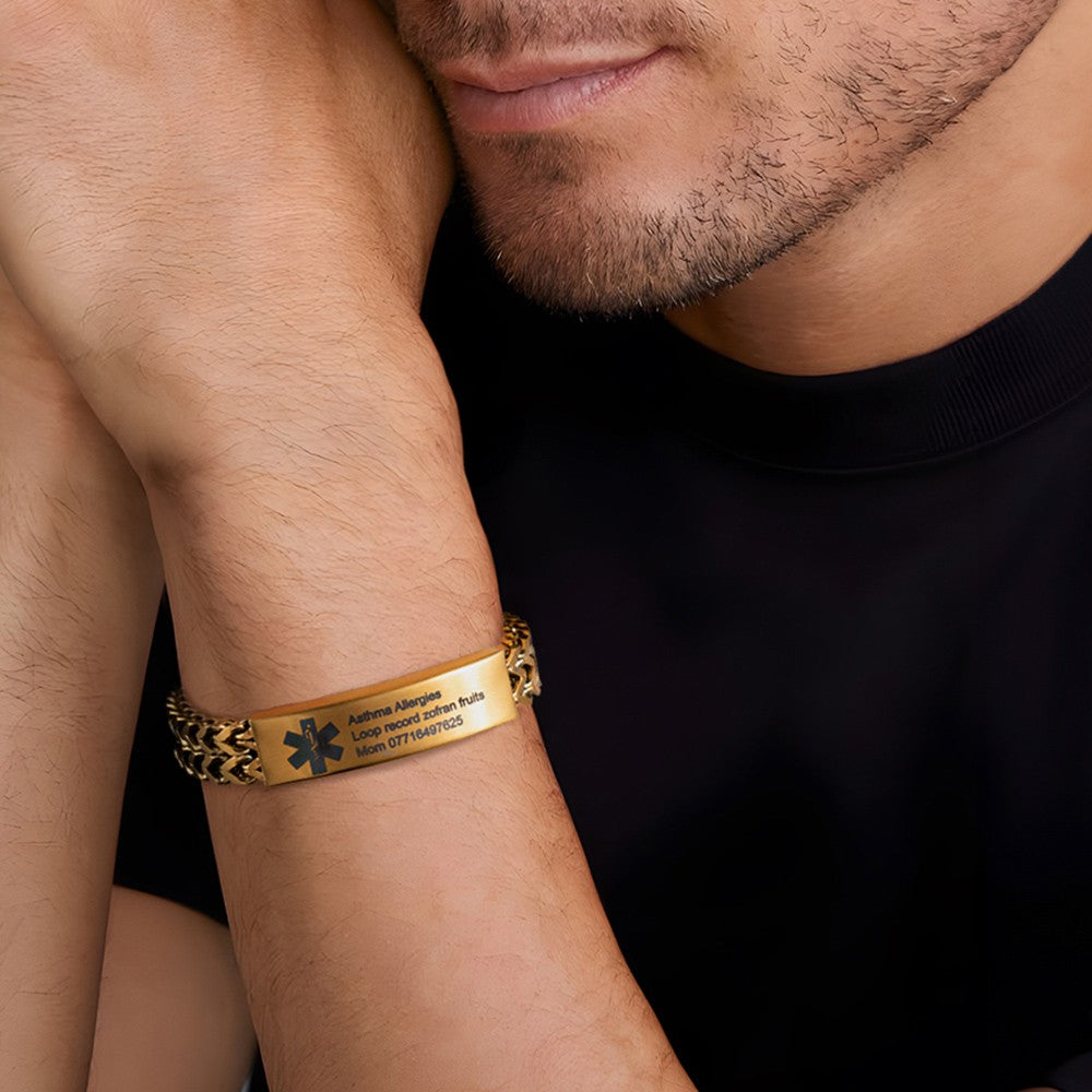 Personalized Engraved Medical Alert ID Bracelet, Stainless Steel Men's ID Tag Bracelet for Epilepsy/Diabetes/Allergy, Gift for Him/Dad/Family