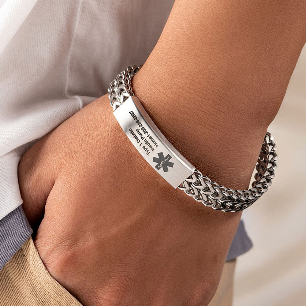 Personalized Engraved Medical Alert ID Bracelet, Stainless Steel Men's ID Tag Bracelet for Epilepsy/Diabetes/Allergy, Gift for Him/Dad/Family