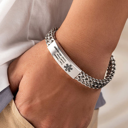 Personalized Engraved Medical Alert ID Bracelet, Stainless Steel Men's ID Tag Bracelet for Epilepsy/Diabetes/Allergy, Gift for Him/Dad/Family