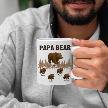 Personalized Papa Bear & Cubs Mug with Names, 11oz Ceramic Coffee Tea Mug with Color Inside, Birthday/Father's Day Gift for Dad/Grandpa/Husband