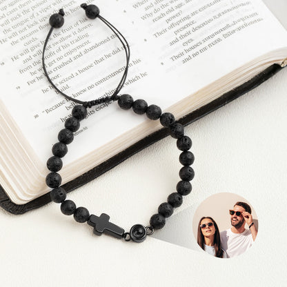 Personalized Photo Projection Cross Tiger Eye Bracelet, Natural Healing Stone Adjustable Warp Bracelet, Birthday/Christmas Gift for Her/Him/Family