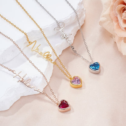 Personalized Sideway Name Necklace with Heart Birthstone, Women's Jewelry, Valentine's Day/Anniversary/Birthday Gift for Wife/Girlfriend/Bestie
